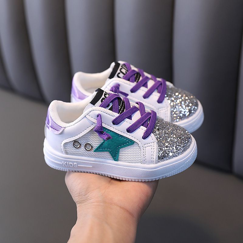 Girls Sequined White /Purple Lace Sneakers