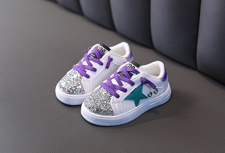 Girls Sequined White /Purple Lace Sneakers