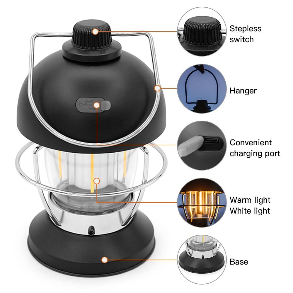 USB Rechargeable Camping Lantern Outdoor Hanging Light Lamp LED Tent Light for Garden Yard Patio Porch