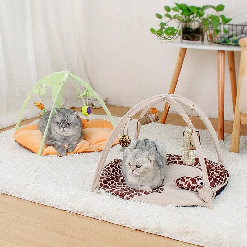 Multifunctional Cat Activity Playing Tent Cat Bed Pad Mat With Hanging Educational Toys Fun Foldable Kitten Pet Play Scratch Bed