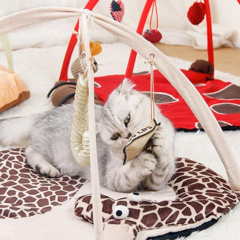 Multifunctional Cat Activity Playing Tent Cat Bed Pad Mat With Hanging Educational Toys Fun Foldable Kitten Pet Play Scratch Bed