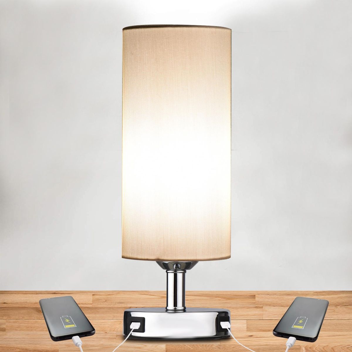 Touch Control Table Lamp Bedside Desk Lamp with E27 LED Bulb Warm White Light Modern Tabletop Lamp 2 USB Ports for Bedroom Living Room