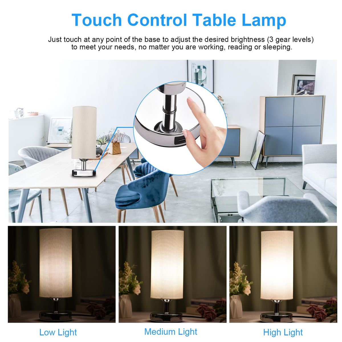 Touch Control Table Lamp Bedside Desk Lamp with E27 LED Bulb Warm White Light Modern Tabletop Lamp 2 USB Ports for Bedroom Living Room