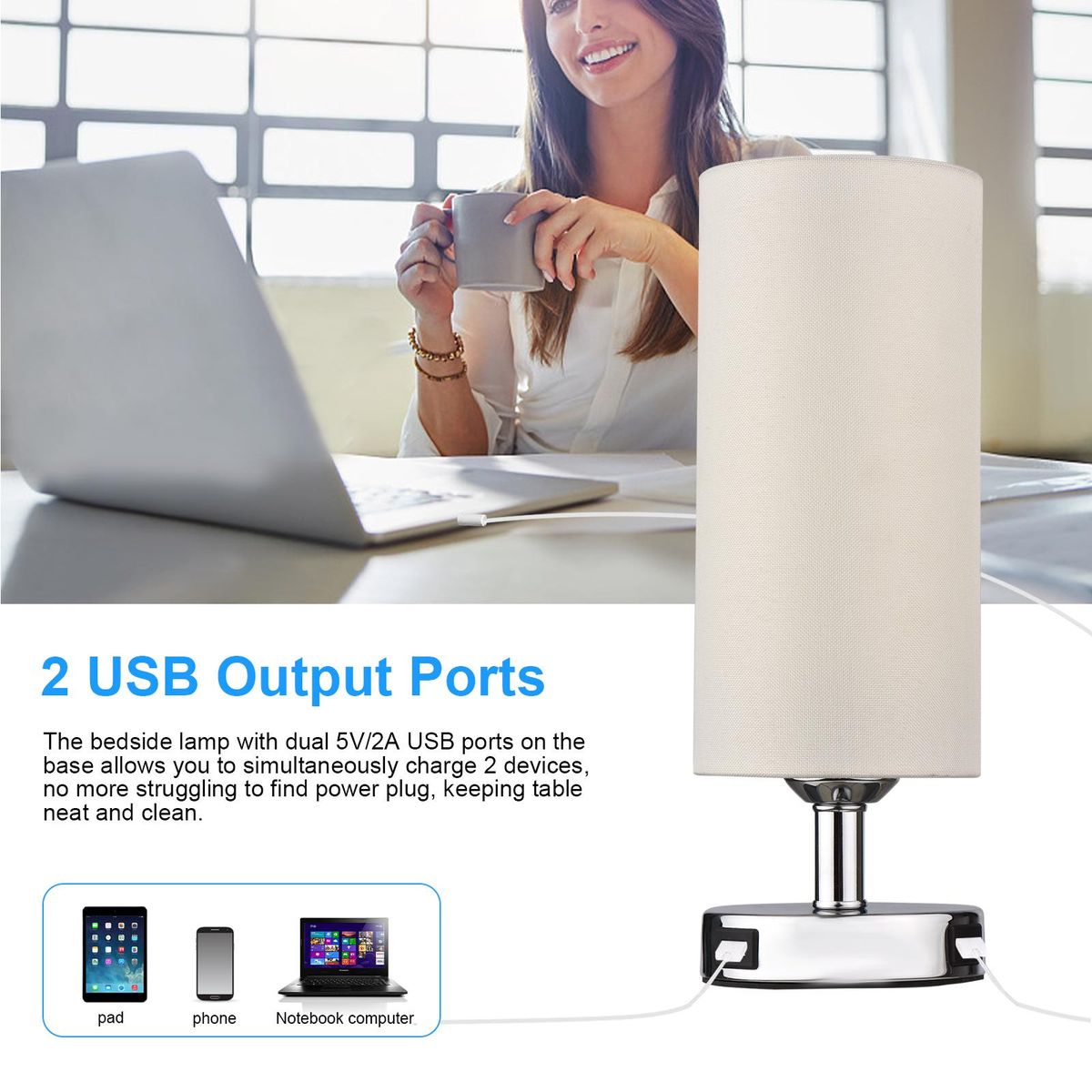 Touch Control Table Lamp Bedside Desk Lamp with E27 LED Bulb Warm White Light Modern Tabletop Lamp 2 USB Ports for Bedroom Living Room