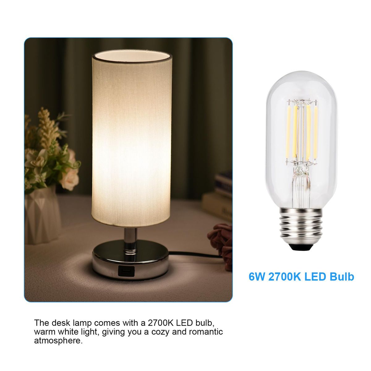 Touch Control Table Lamp Bedside Desk Lamp with E27 LED Bulb Warm White Light Modern Tabletop Lamp 2 USB Ports for Bedroom Living Room