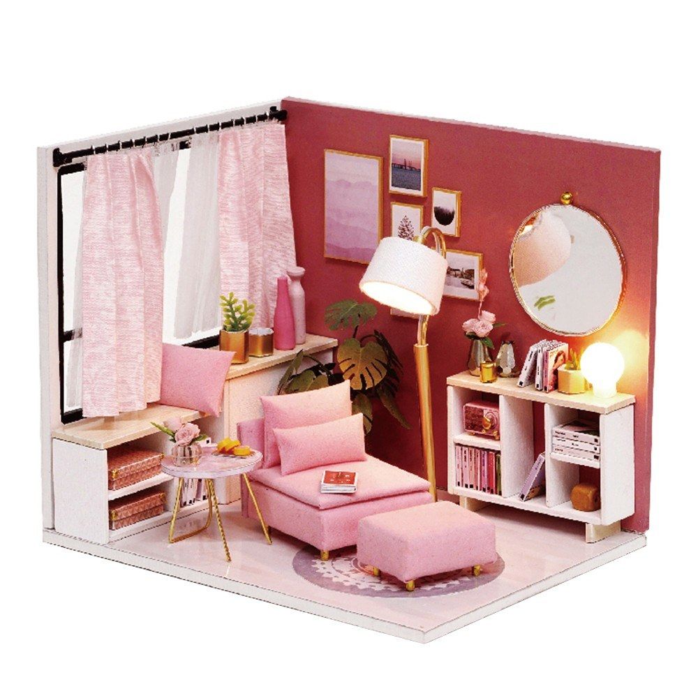 DIY Miniature Dollhouse Kit Realistic Mini 3D Pink Wooden
