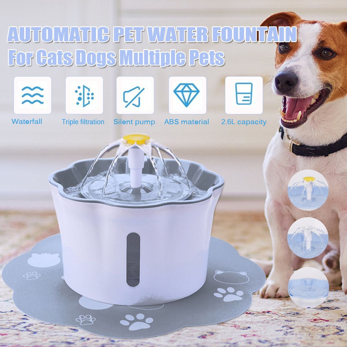2.6L Flower Triple Action Pet Fountain Dog Cat Drinker USB Charging Mute Feeder Bowl With Drinking Water Dispenser Grey Without Mat