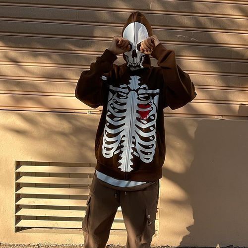 Halloween Skull Human Skeleton Print Long Sleeve Hooded Men's Sweatshirt-brown