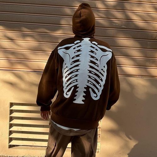 Halloween Skull Human Skeleton Print Long Sleeve Hooded Men's Sweatshirt-brown