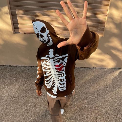 Halloween Skull Human Skeleton Print Long Sleeve Hooded Men's Sweatshirt-brown