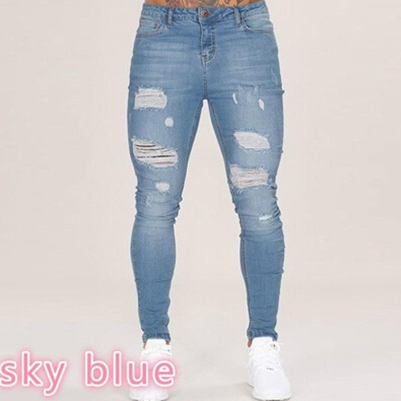 Mens Jeans Slim Pencil Pants Hole Ripped Design