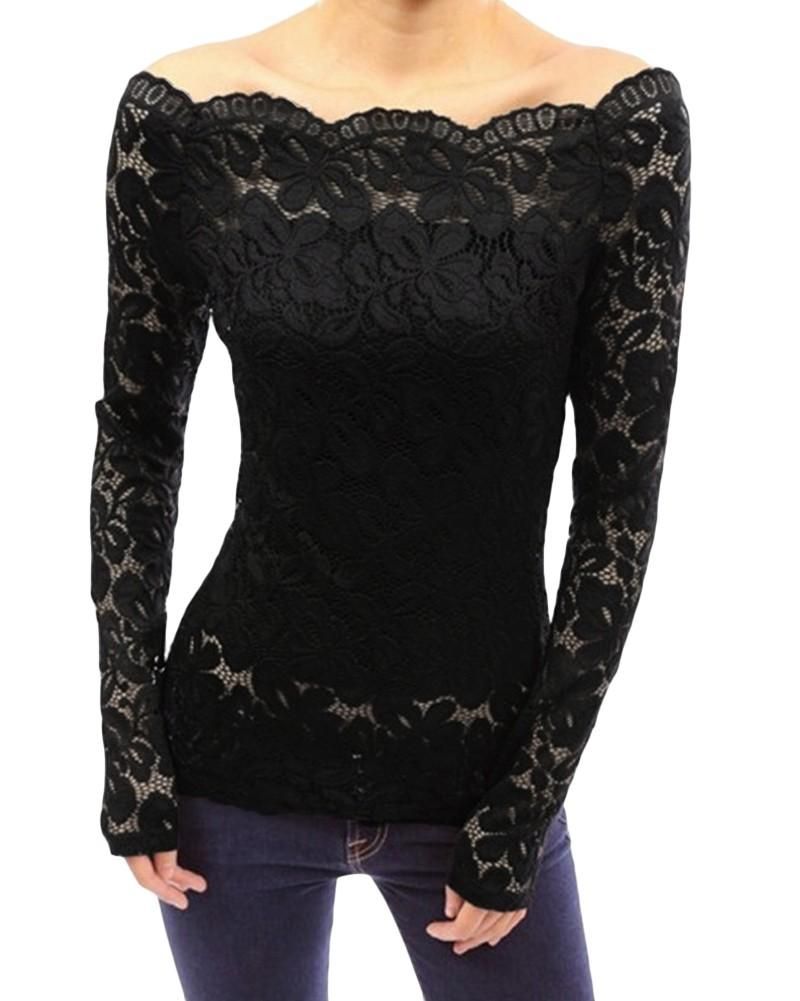 Sexy Women Hollow Out Lace Blouse Off Shoulder Slash Neck Long Sleeves Elegant Ladies Top Shirt