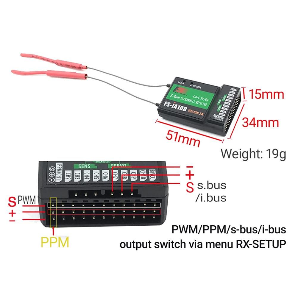 FS-IA10B Receiver 10 Channels 2.4GHz AFHDS 2A with PPM/IBUS/PWM Output for RC Radio Transmitter FS-I6X FS-I6 I6S