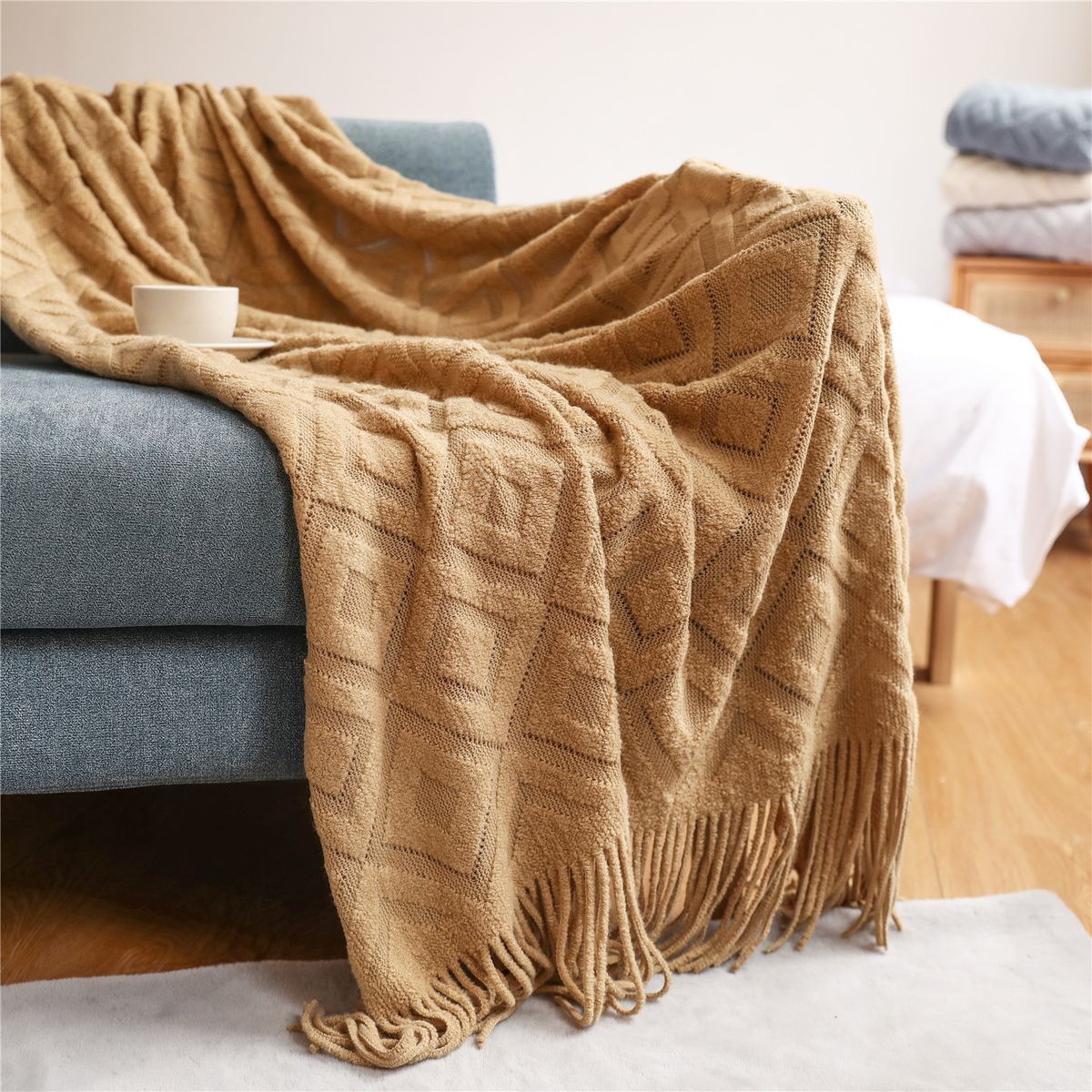 Textile City Diamond-Shaped Cashmere Sofa Blanket-Camel