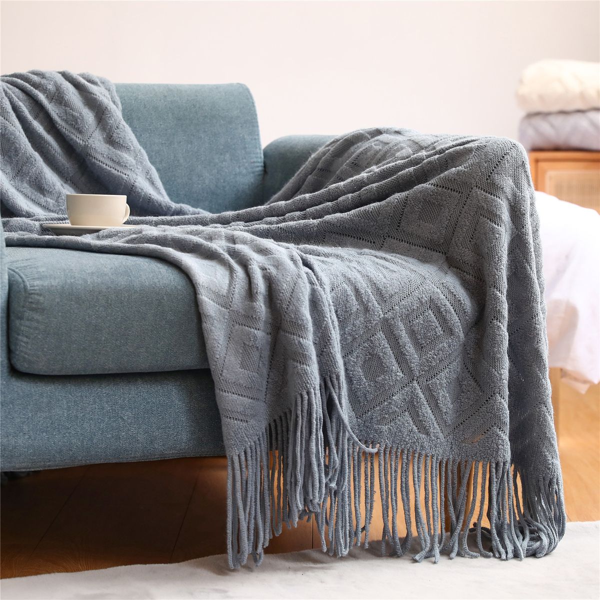 Textile City Diamond-Shaped Cashmere Sofa Blanket-Camel