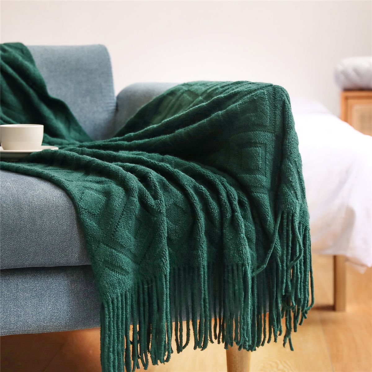 Textile City Diamond-Shaped Cashmere Sofa Blanket-Camel