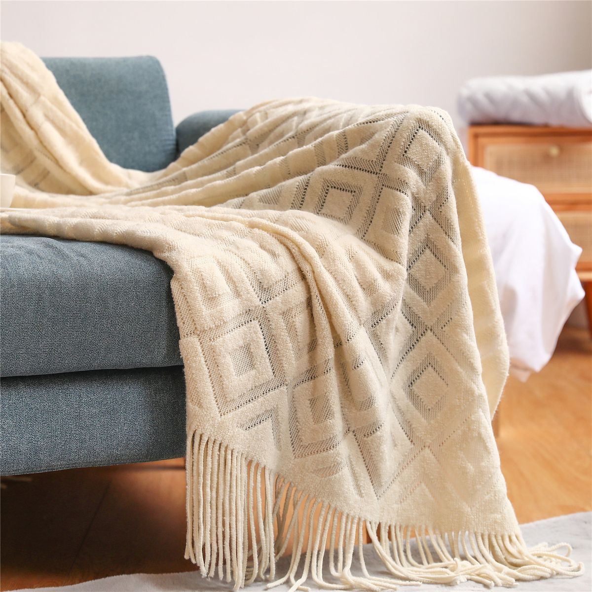 Textile City Diamond-Shaped Cashmere Sofa Blanket-Camel
