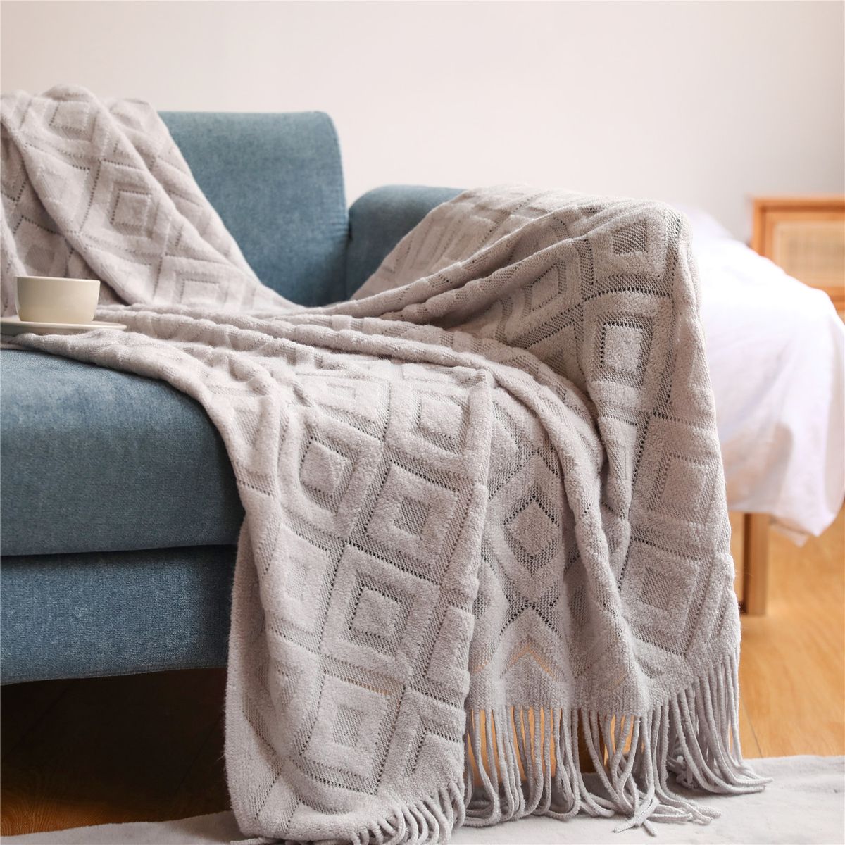 Textile City Diamond-Shaped Cashmere Sofa Blanket-Camel