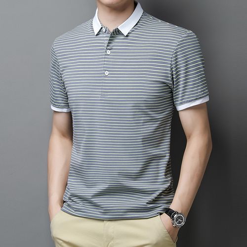Big Size M-4XL Mens Striped Polos Shirt Business Casual Short Sleeve Top For Men Green