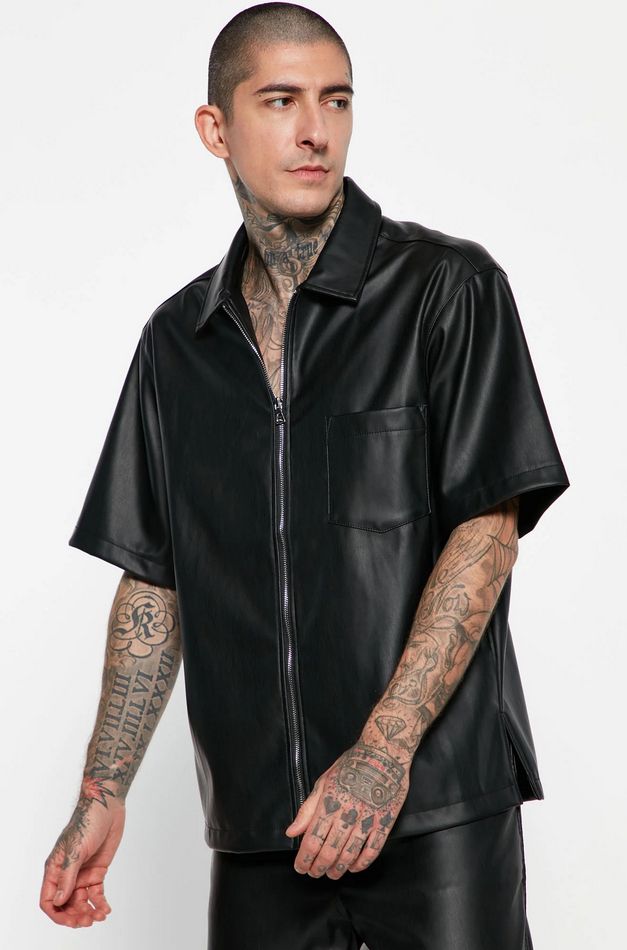 Faux Leather Short Sleeve Zip Up Shirt With Pant - Black