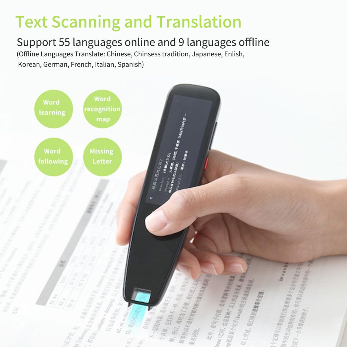 DOSMONO Dictionary Translation Pen Scanner Text Scanning Reading Translator Device Multilingual Scanner WiFi/Hotspot Connection/Offline Recording Pen Support 112 Languages Chinese/English/Japanese/Korean Voice Translation Rec