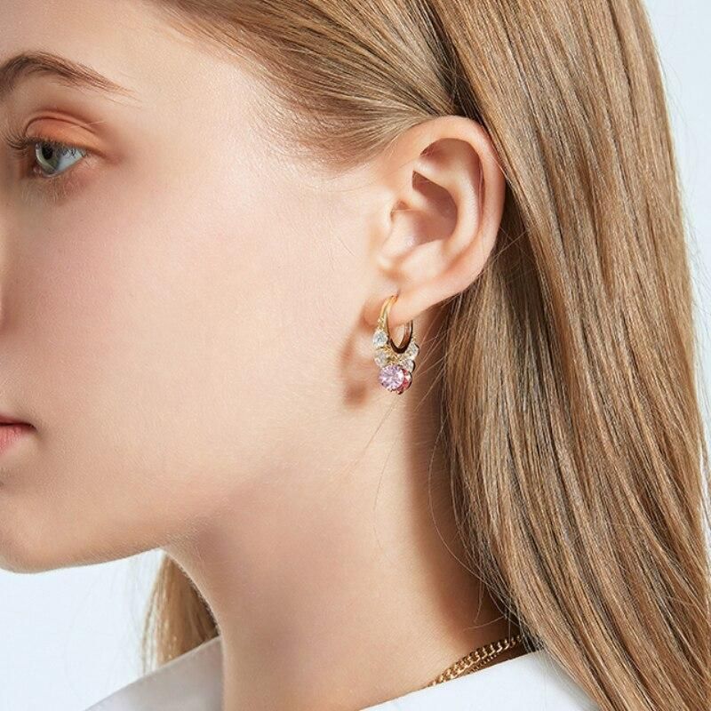 Colorful Transparent Zircon Crystal Charm Hoop Earring For Women Elegant Gold Color Drop Earring Jewelry Gifts