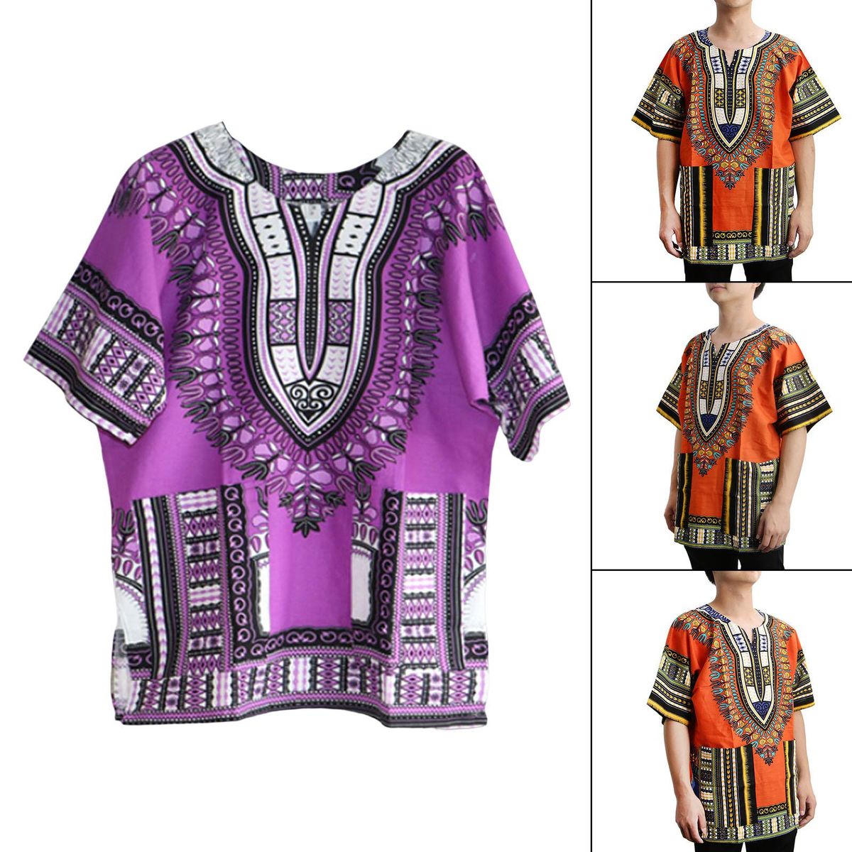 Men Women African Dashiki T Shirt Summer Wear Bright One Size  Purple