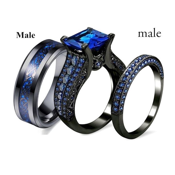 Black Wedding Ring Set Blue Diamond For Couple