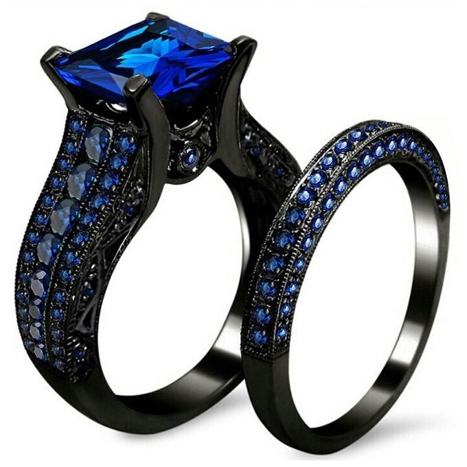 Black Wedding Ring Set Blue Diamond For Couple
