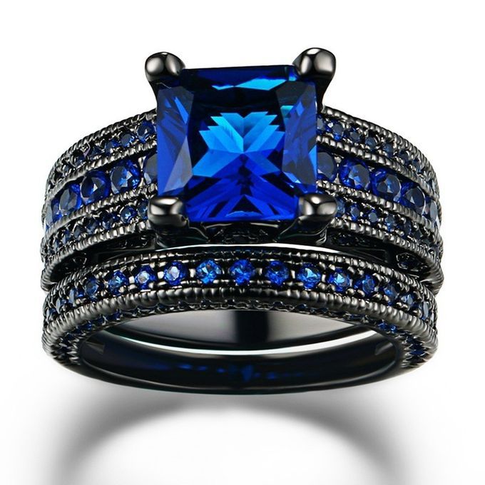 Black Wedding Ring Set Blue Diamond For Couple