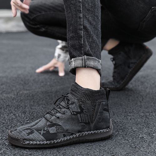Men's Casual Fashion Hiking Leather Ankle Boots Shoes-Black