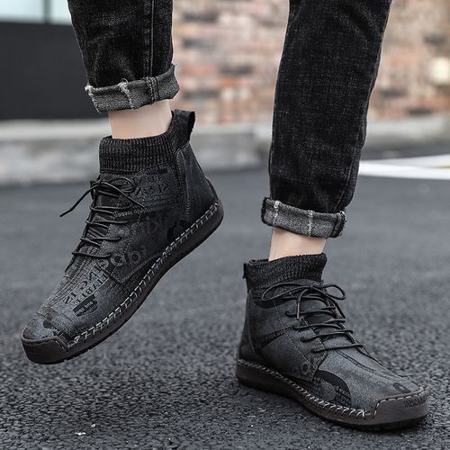 Men's Casual Fashion Hiking Leather Ankle Boots Shoes-Black