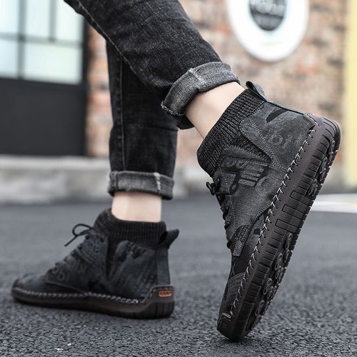 Men's Casual Fashion Hiking Leather Ankle Boots Shoes-Black