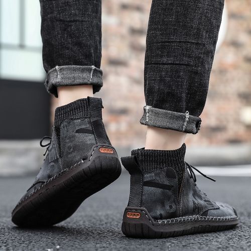 Men's Casual Fashion Hiking Leather Ankle Boots Shoes-Black