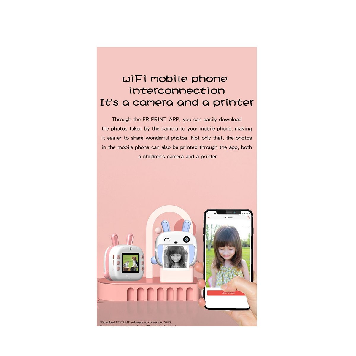 Instant Print Camera for Children Thermal Paper Printer Wireless WIFI Phone Printer 4K 1080P HD VideoPink