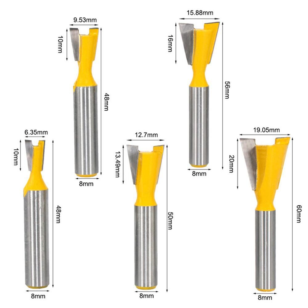 5PCS Dovetail Router Bits Set 8mm Shank 6.35mm 9.53mm 12.7mm 15.88mm 19.05mm Blade Diameter for Woodworking Milling Cutter Tool