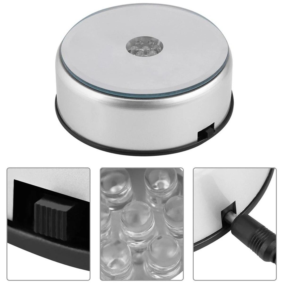 LED Colorful Luminous Base USB Light Laser Rotating Electric Crystal Display Base Stand Holder with Glass Transparent Objects