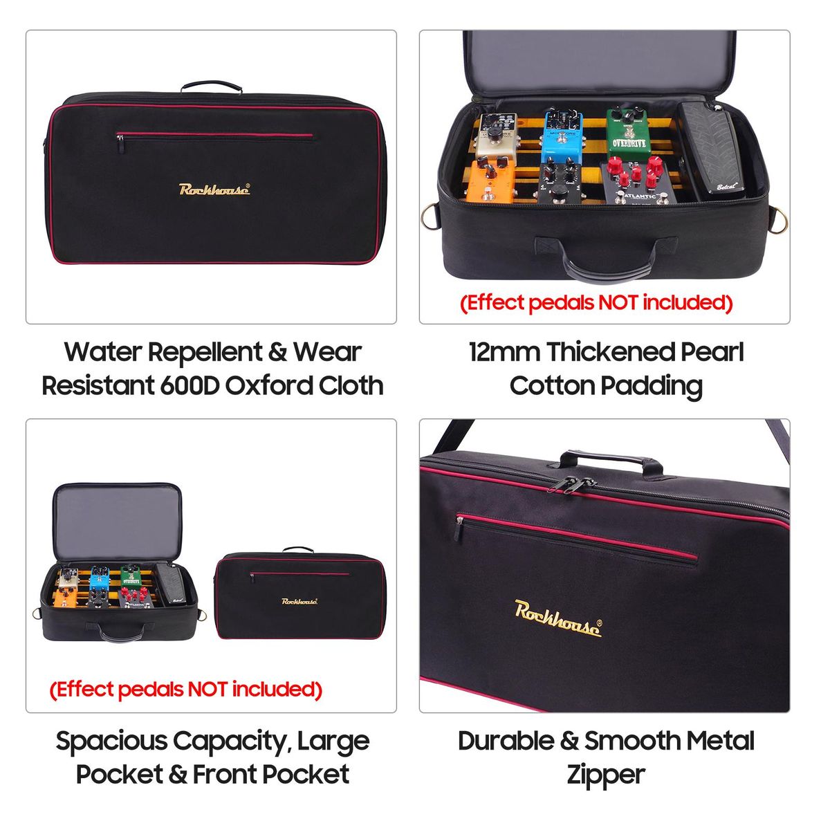 Rockhouse Effect Pedal Bag Guitar Pedal Board Carry Bag Oxford Cloth Portable Zipper Handbag Shoulder Bag with Detachable Strap (Black)