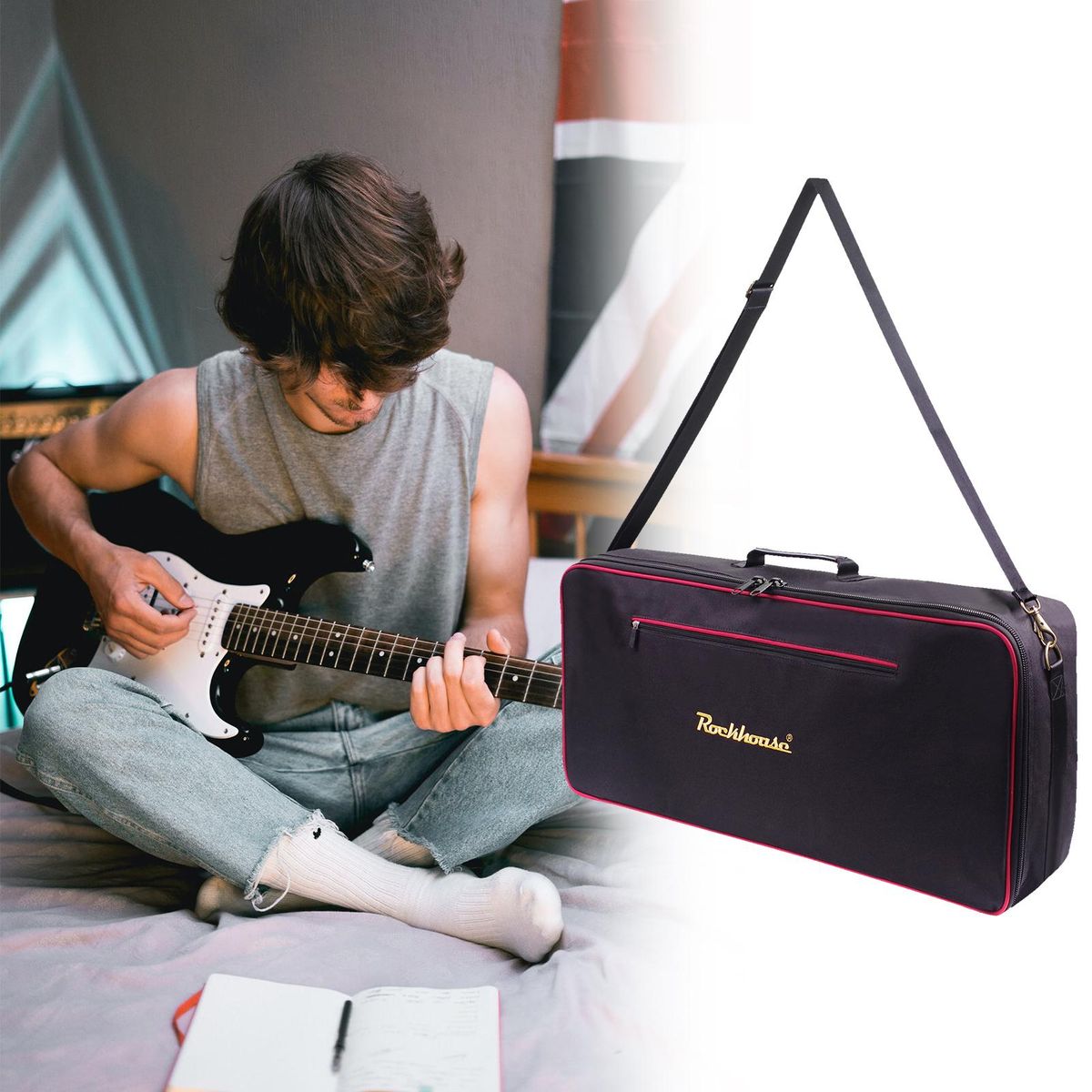 Rockhouse Effect Pedal Bag Guitar Pedal Board Carry Bag Oxford Cloth Portable Zipper Handbag Shoulder Bag with Detachable Strap (Black)