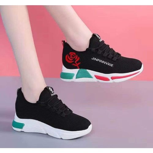 Ladies Classic Casual Sneakers With Cute Flower - Black