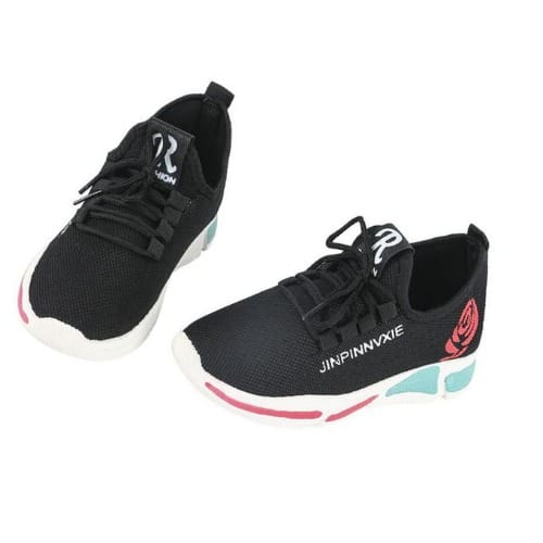 Ladies Classic Casual Sneakers With Cute Flower - Black