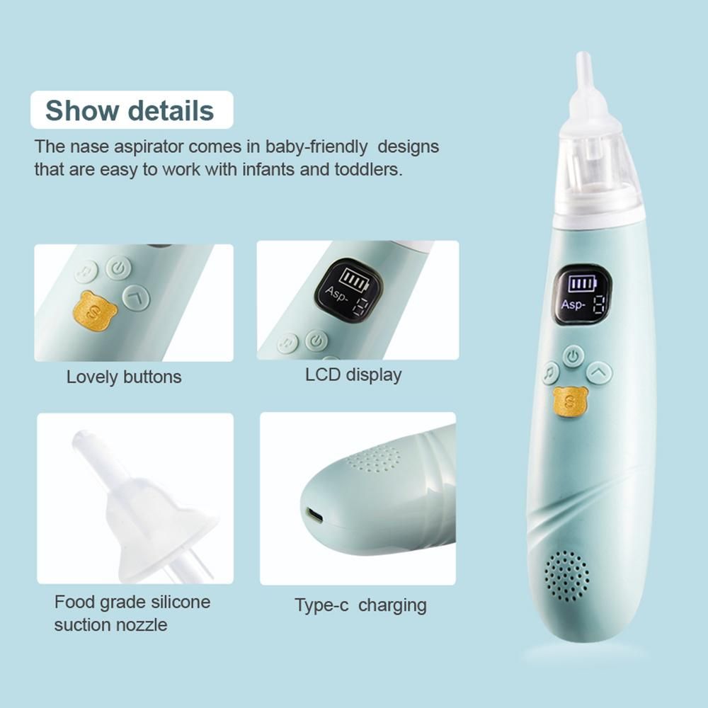 Handheld Electric Baby Nasal Aspirator Baby Nose Sucker Nose Cleaner for Infants 3 Suction Levels Low Noise Anti-backflow Built-in Battery Soothing Music with 3pcs Silicone Suction Tips