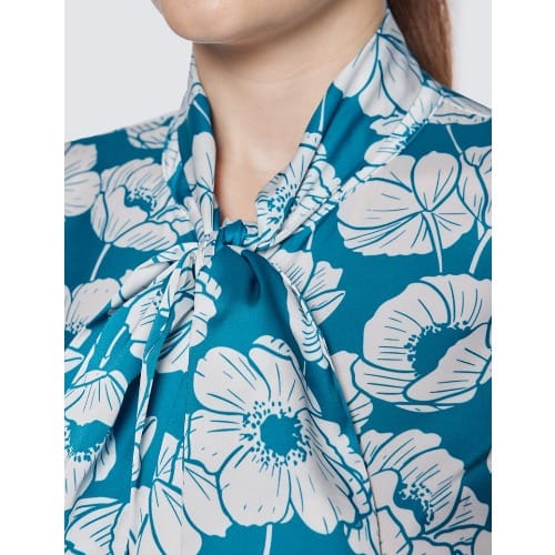 Women's Blue & White Floral Print Pussy Bow Blouse