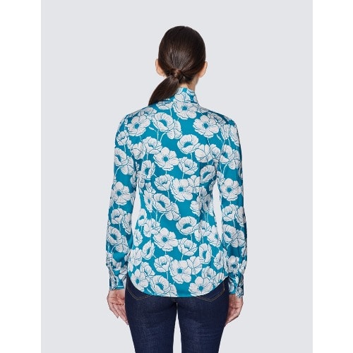 Women's Blue & White Floral Print Pussy Bow Blouse