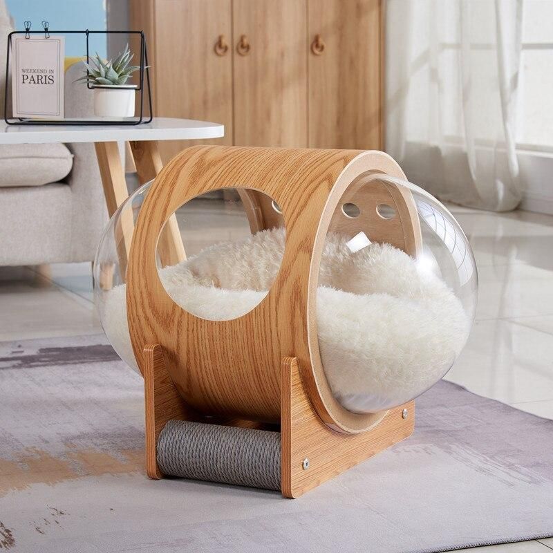 Space Capsule Cat Litter Wooden Semi-enclosed Cat Bed UFO Transparent Net Red Capsule Cat Bed