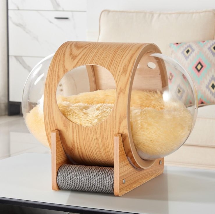 Space Capsule Cat Litter Wooden Semi-enclosed Cat Bed UFO Transparent Net Red Capsule Cat Bed