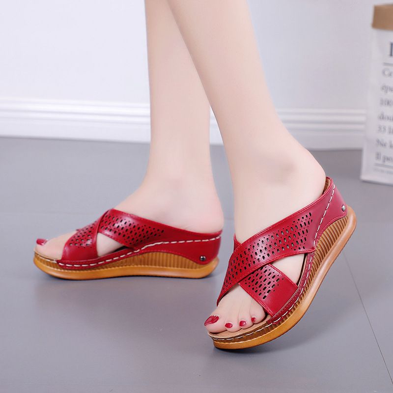Hollow Non-slip Roman Soft-soled Wedges - Red