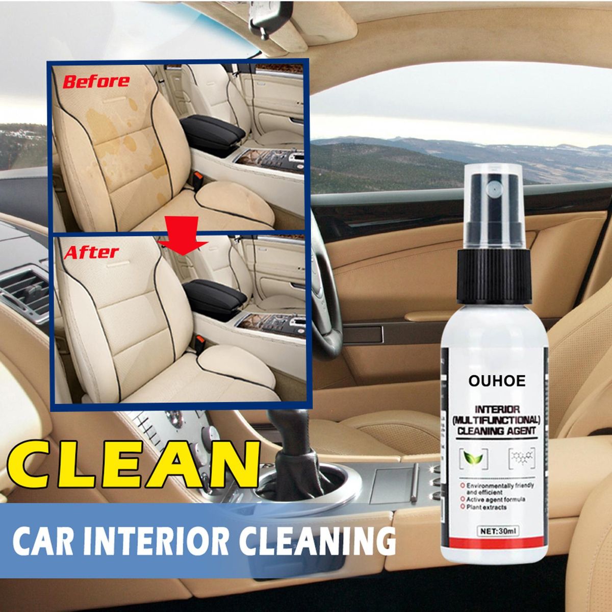 OUHOE 30ml Multifunctional Car Interior Cleaning Agent Automobile Dry Cleaning Detergent