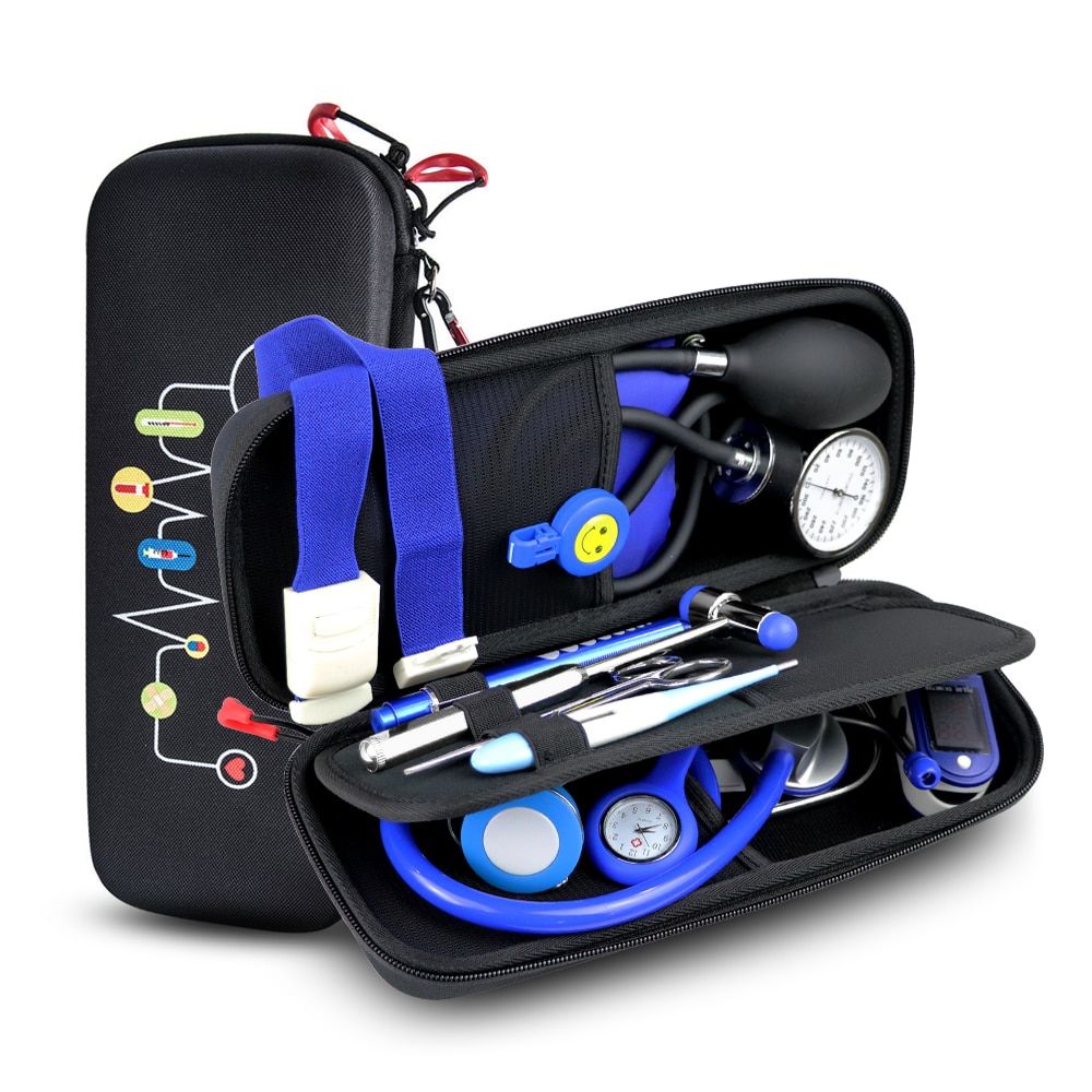 12PCS Set Medical Storage Kit Health Bag  And Stethoscope Manometer Reflex Hammer First Aid Tourniquet Penlight Thermometer