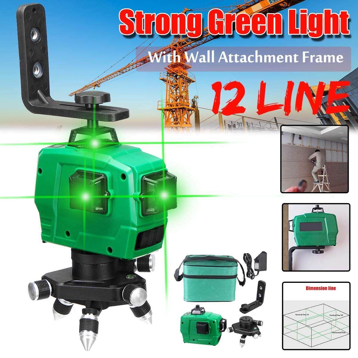 12 Line Strong Green Light 3D Laser Level Measure With Wall Attachment Frame